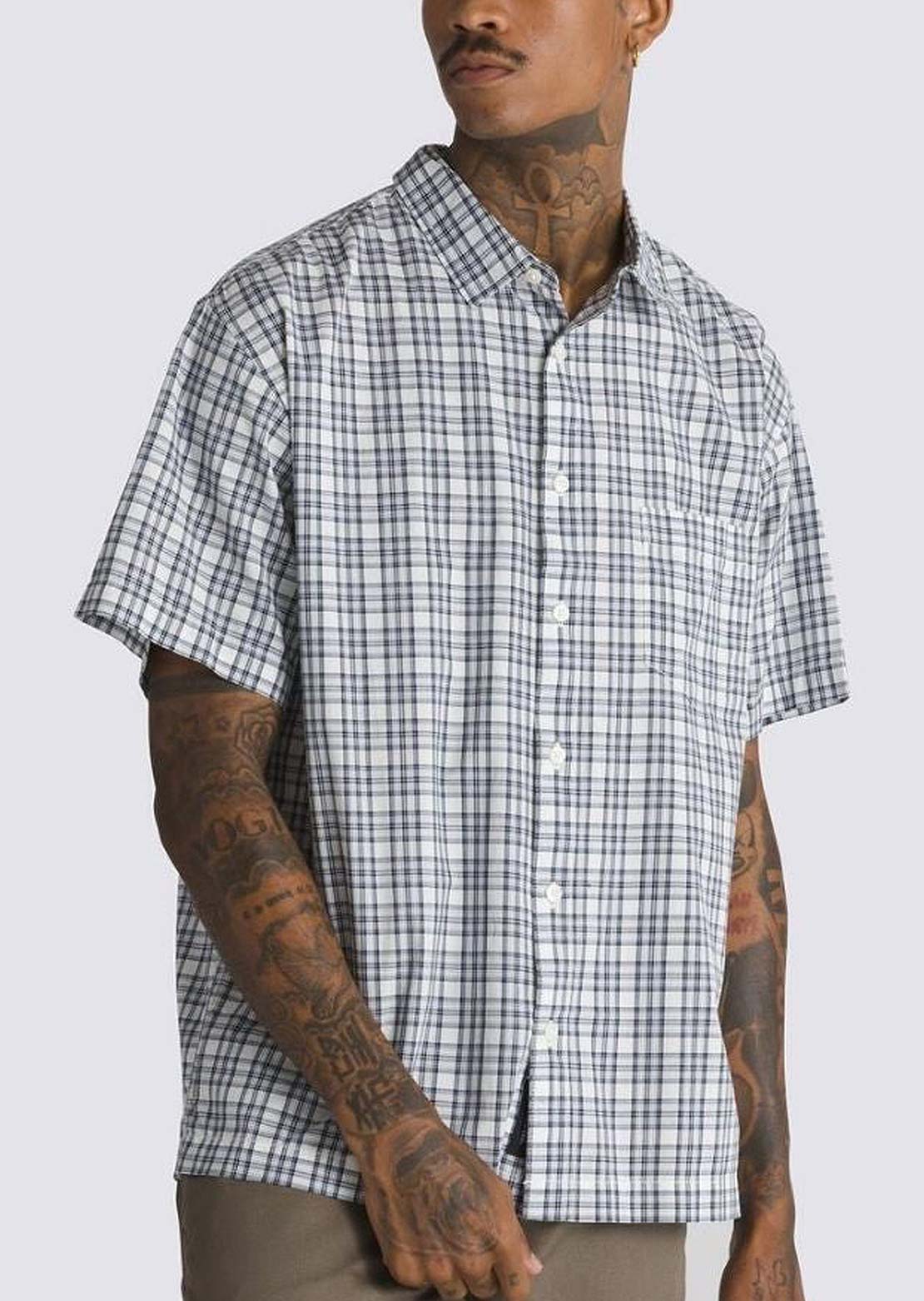 Vans Men's Wilshire Mini Plaid Button Up Shirt Marshmallow/Dress Blues