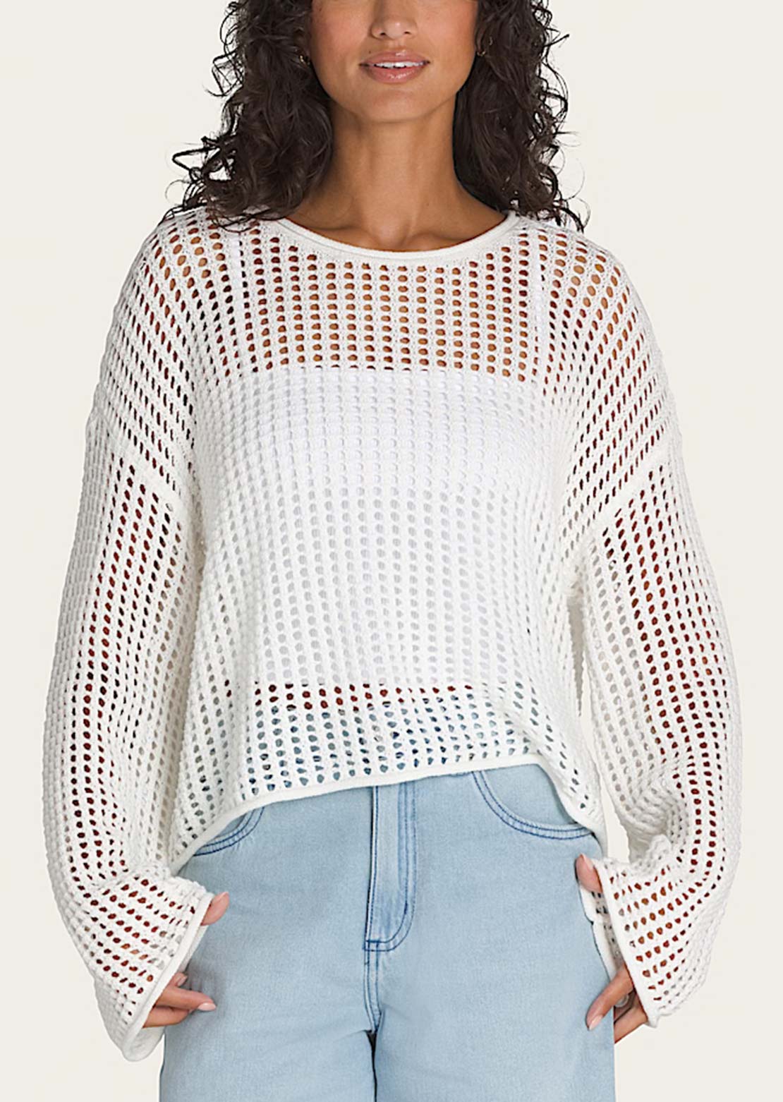 Vans Women's Mila Open Knit Crop Crewneck Sweater Marshmallow