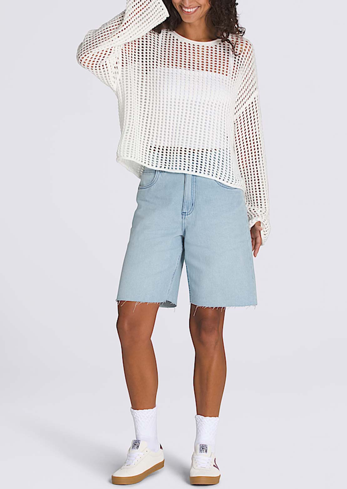 Vans Women's Mila Open Knit Crop Crewneck Sweater Marshmallow