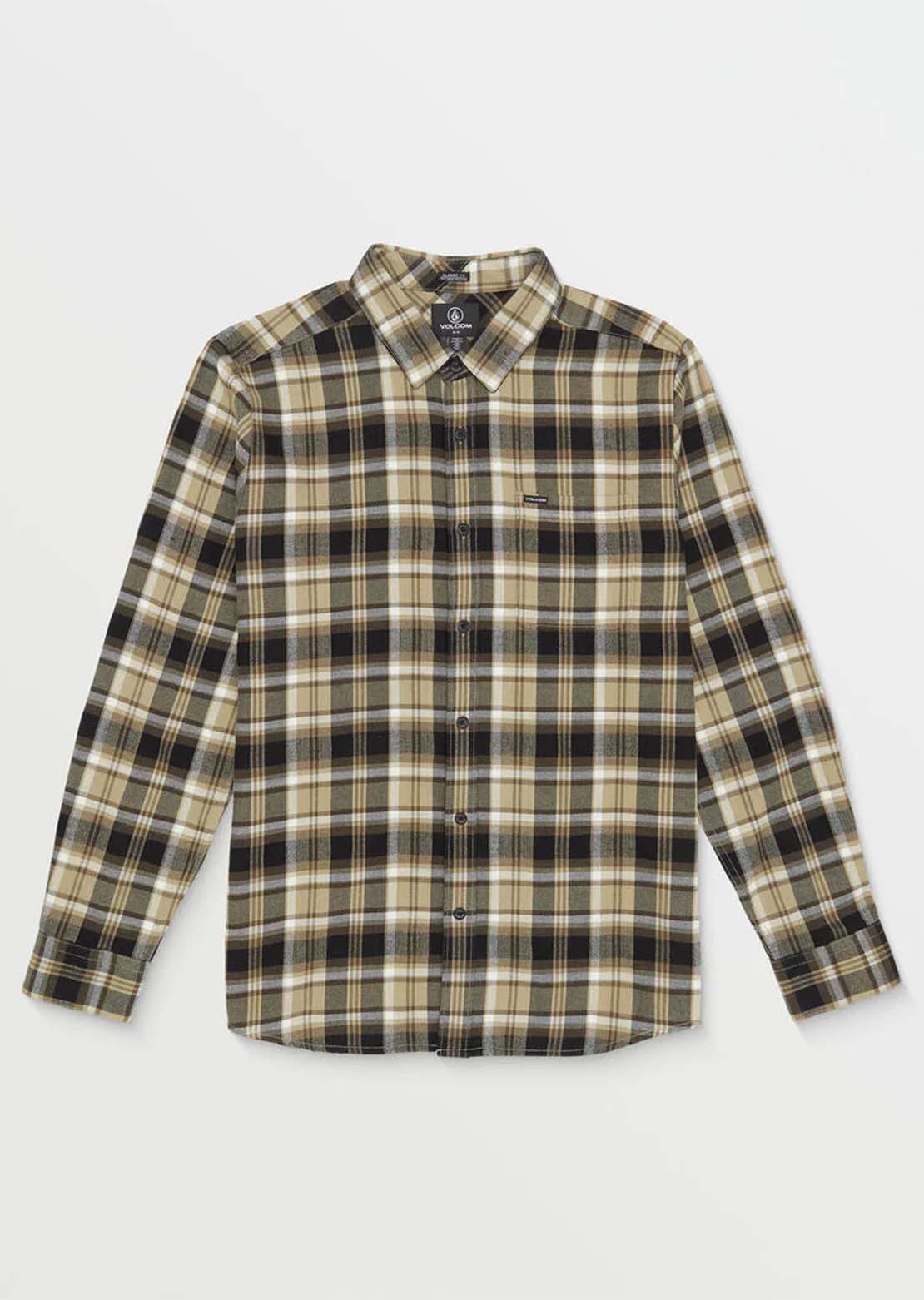Volcom Men's Caden Plaid Long Sleeve Button Up Shirt Khaki