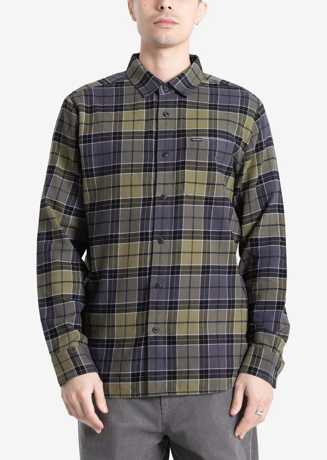 Volcom Men's Caden Plaid Long Sleeve Button Up Shirt Navy