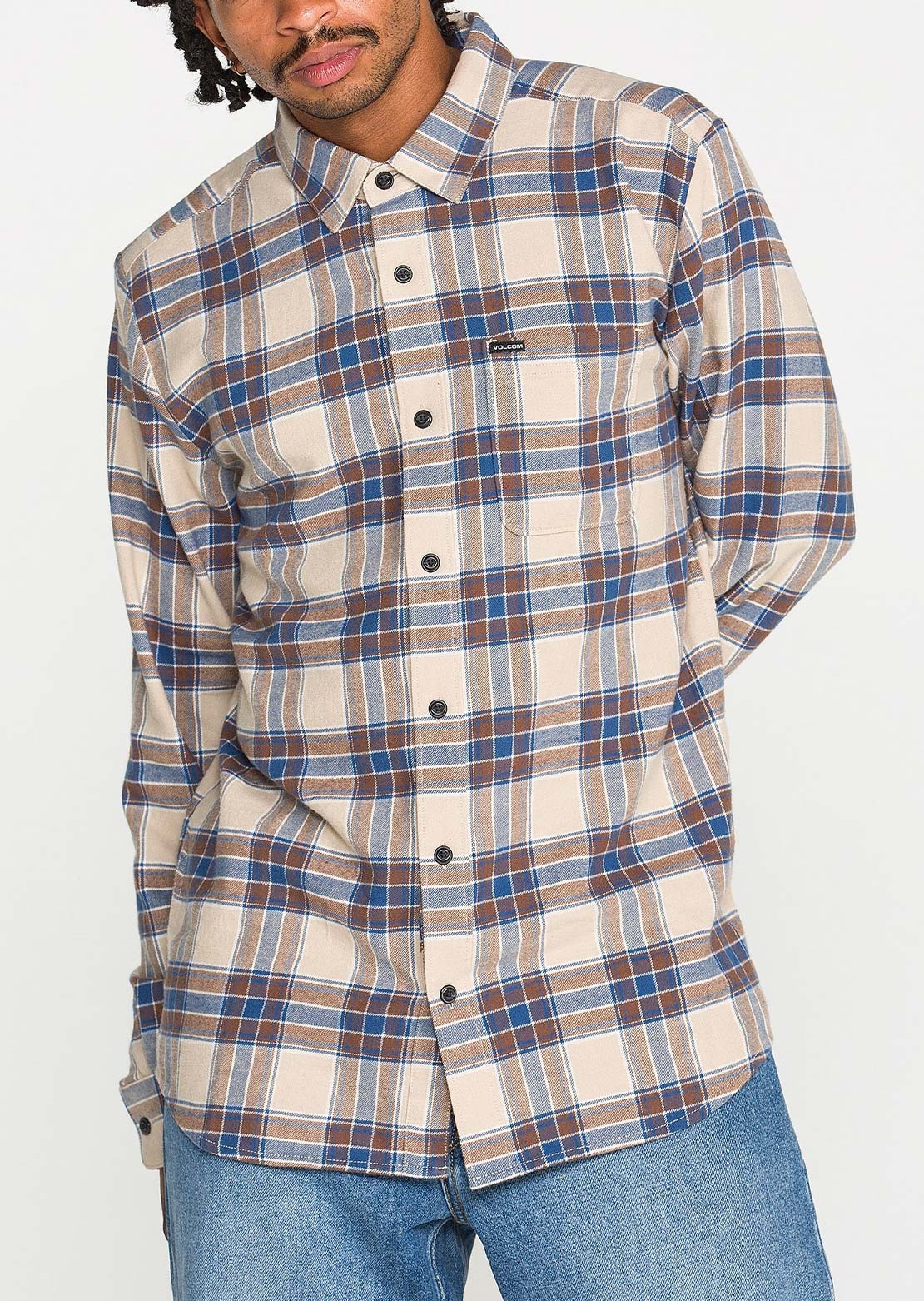 Volcom Men's Caden Plaid Long Sleeve Button Up Shirt Lkhaki
