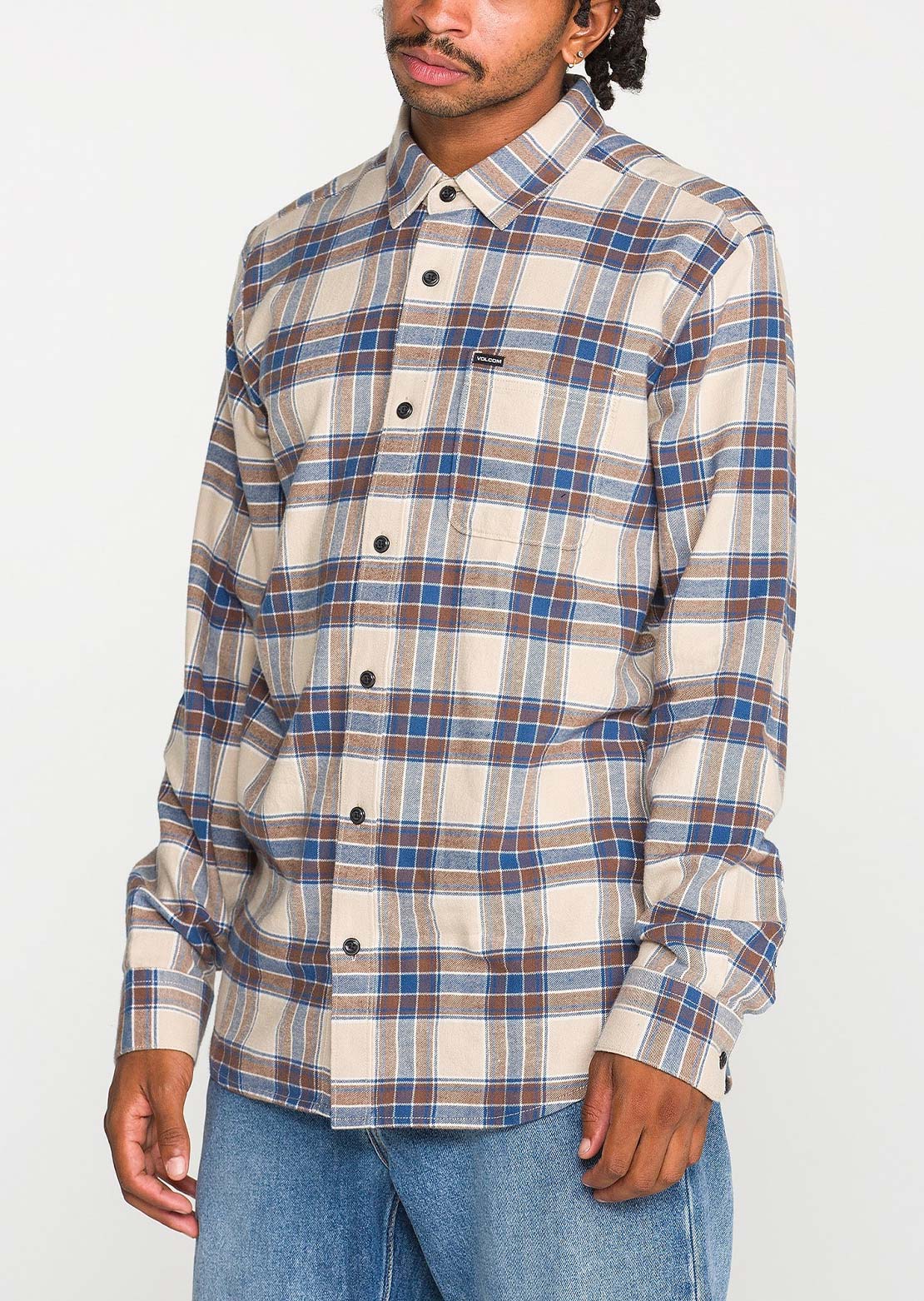 Volcom Men's Caden Plaid Long Sleeve Button Up Shirt Lkhaki