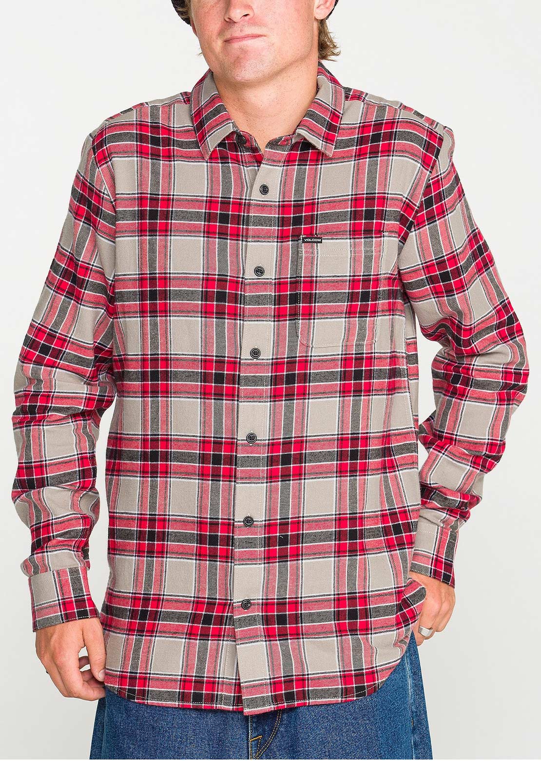 Volcom Men's Caden Plaid Long Sleeve Button Up Shirt Moonbeam