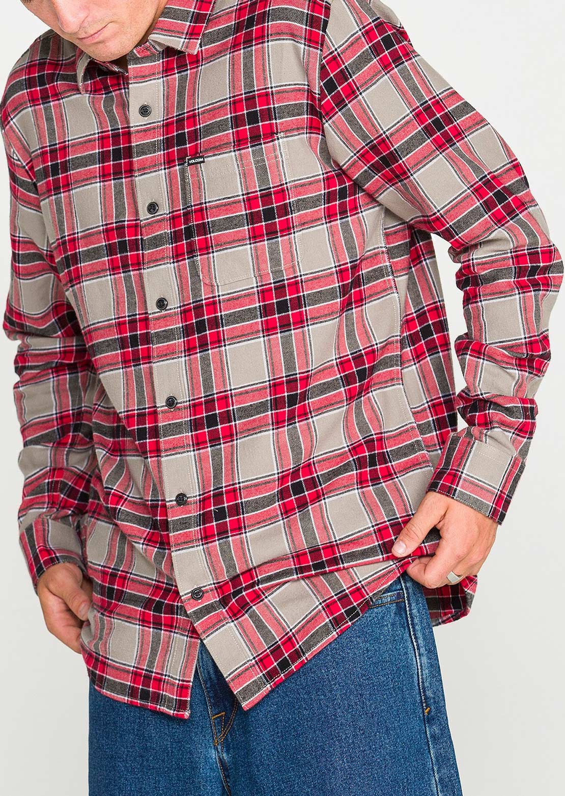 Volcom Men's Caden Plaid Long Sleeve Button Up Shirt Moonbeam