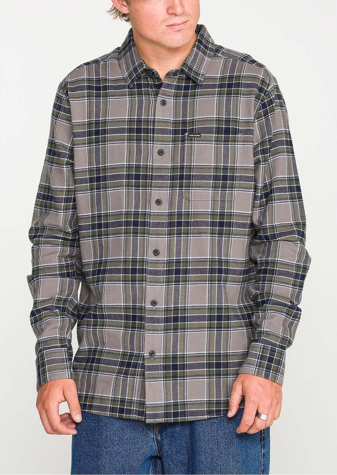 Volcom Men's Caden Plaid Long Sleeve Button Up Shirt Pewter