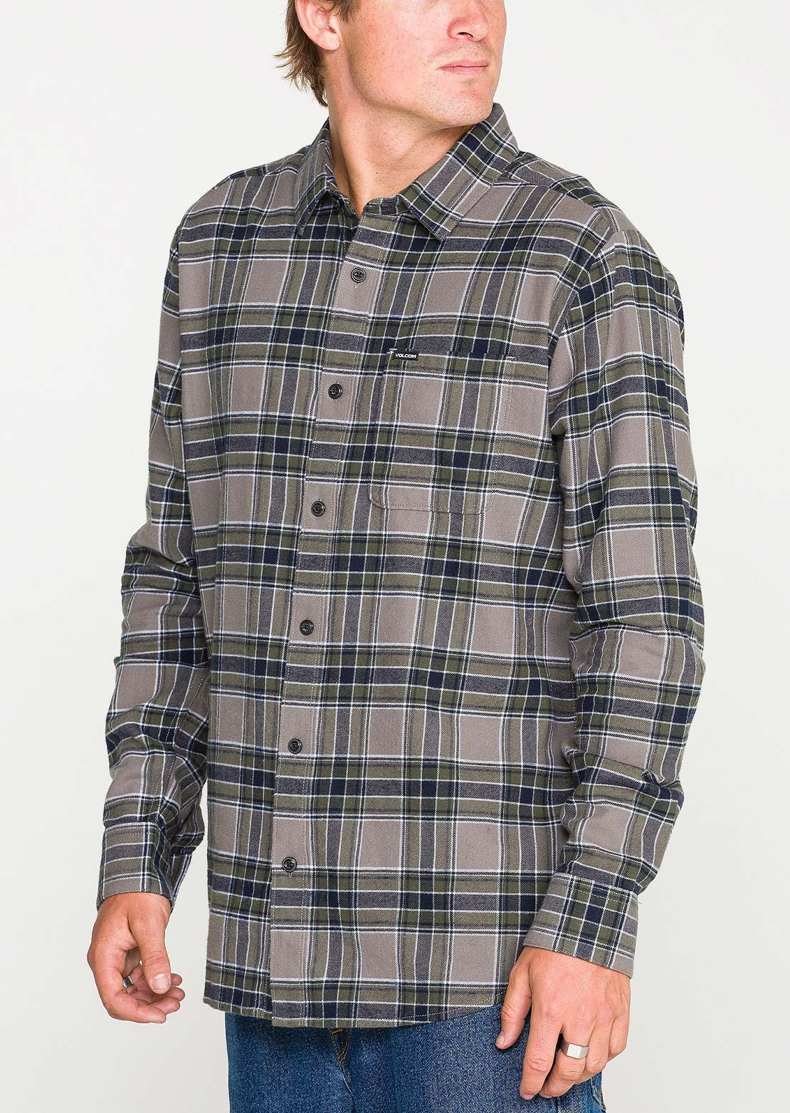 Volcom Men's Caden Plaid Long Sleeve Button Up Shirt Pewter