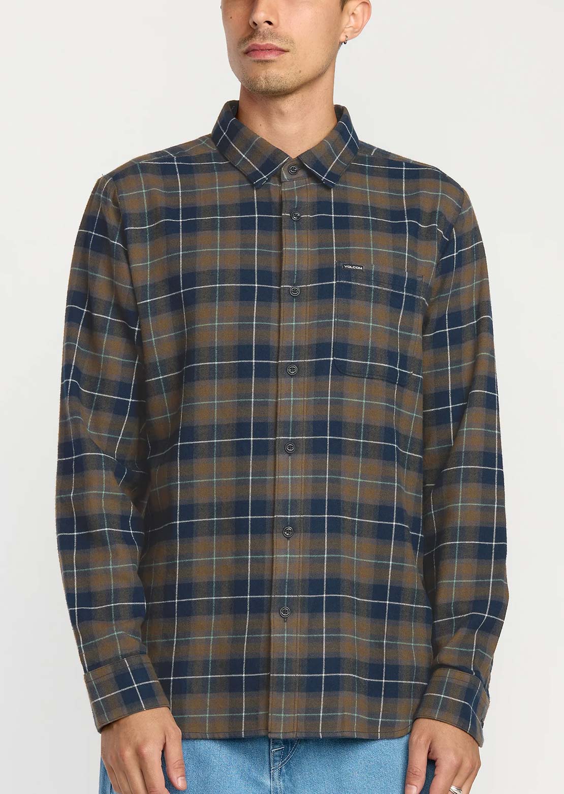 Volcom Men's Caden Plaid Long Sleeve Button Up Shirt Navy