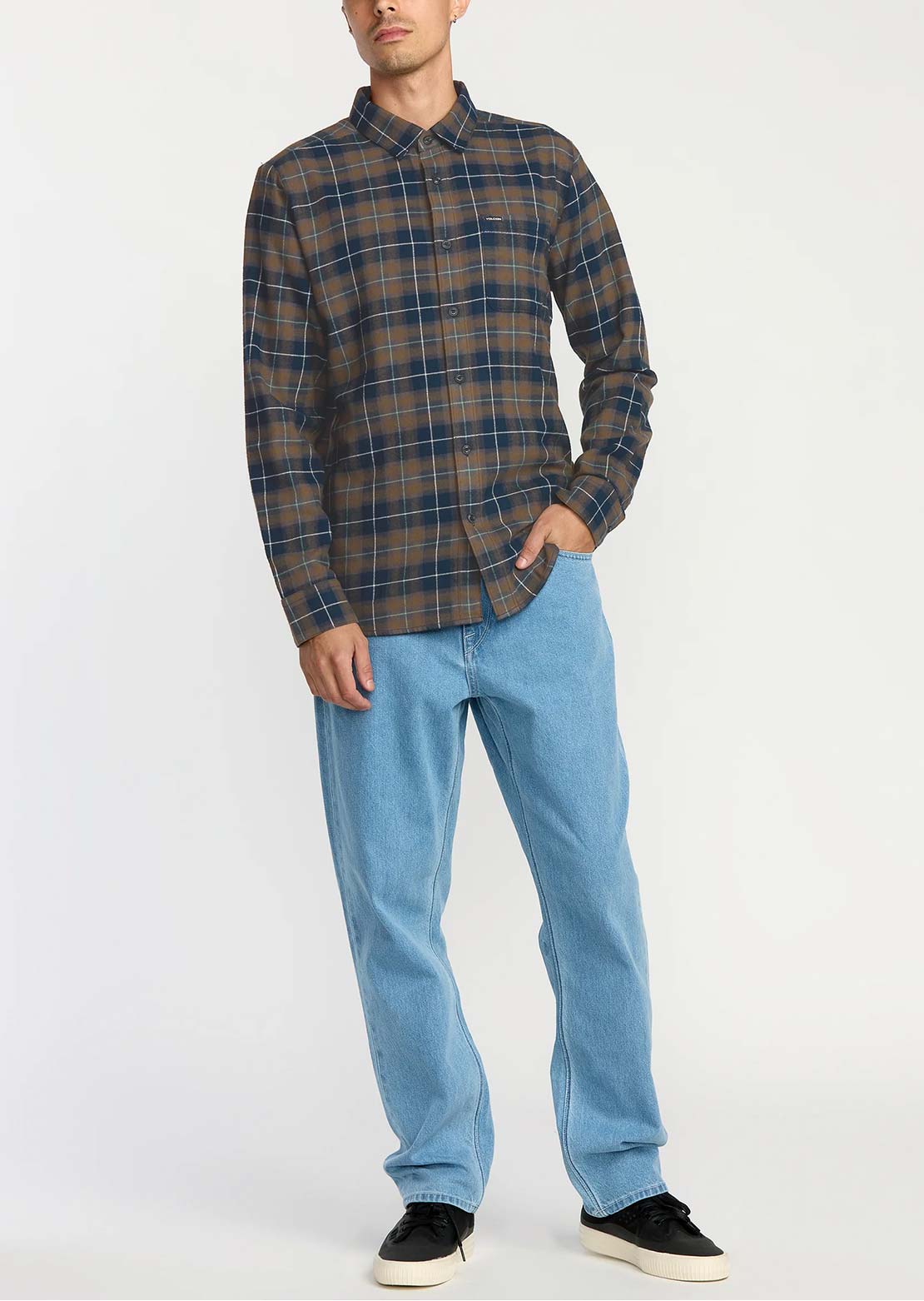Volcom Men's Caden Plaid Long Sleeve Button Up Shirt Navy