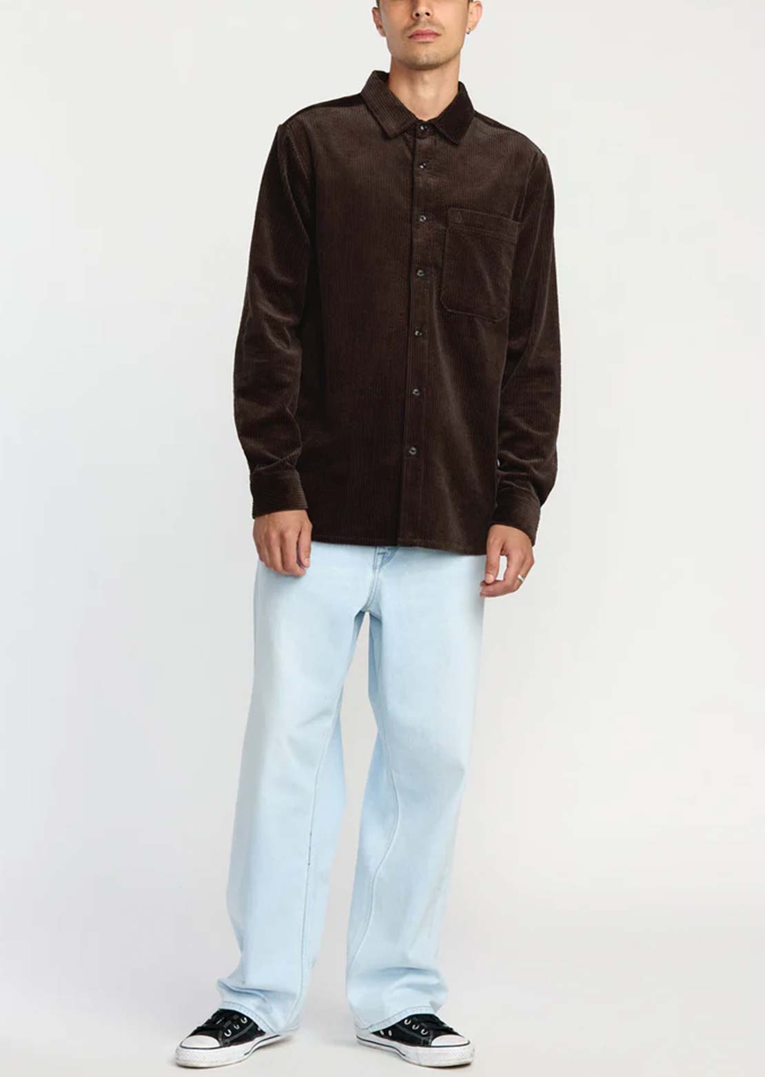 Volcom Men's Fostered Long Sleeve Button Up Shirt Cacao