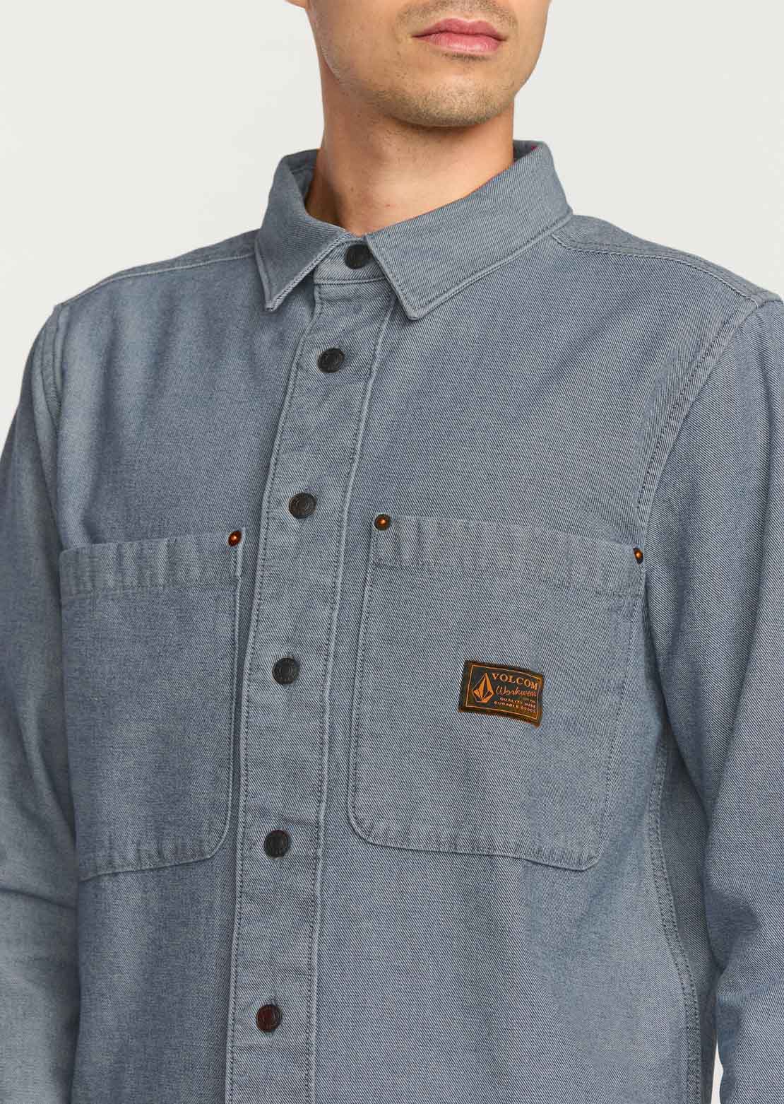 Volcom Men's Levelstone Long Sleeve Button Up Shirt Blue Wash