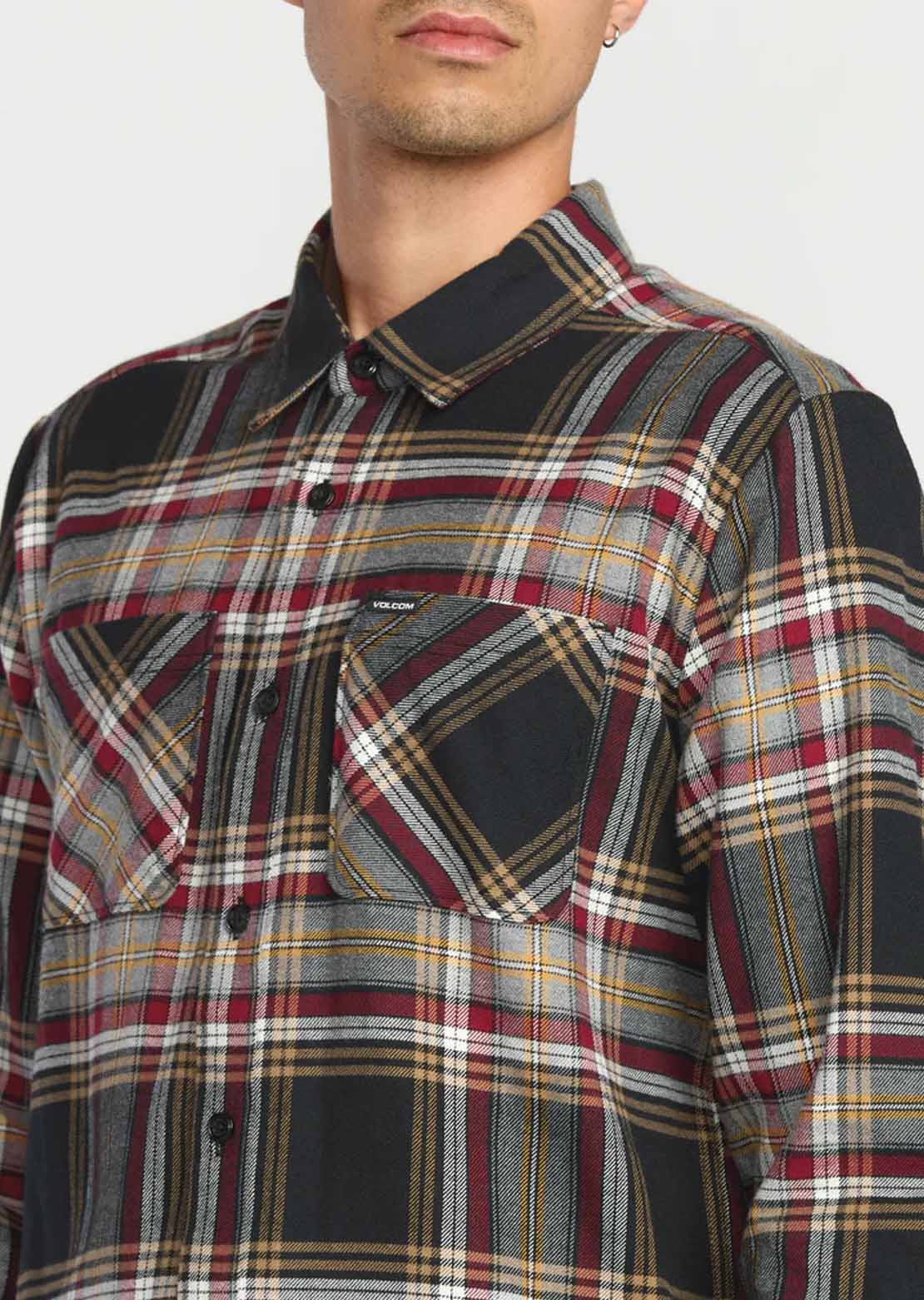 Volcom Men's Netastone Flannel Long Sleeve Button Up Shirt Antique Black