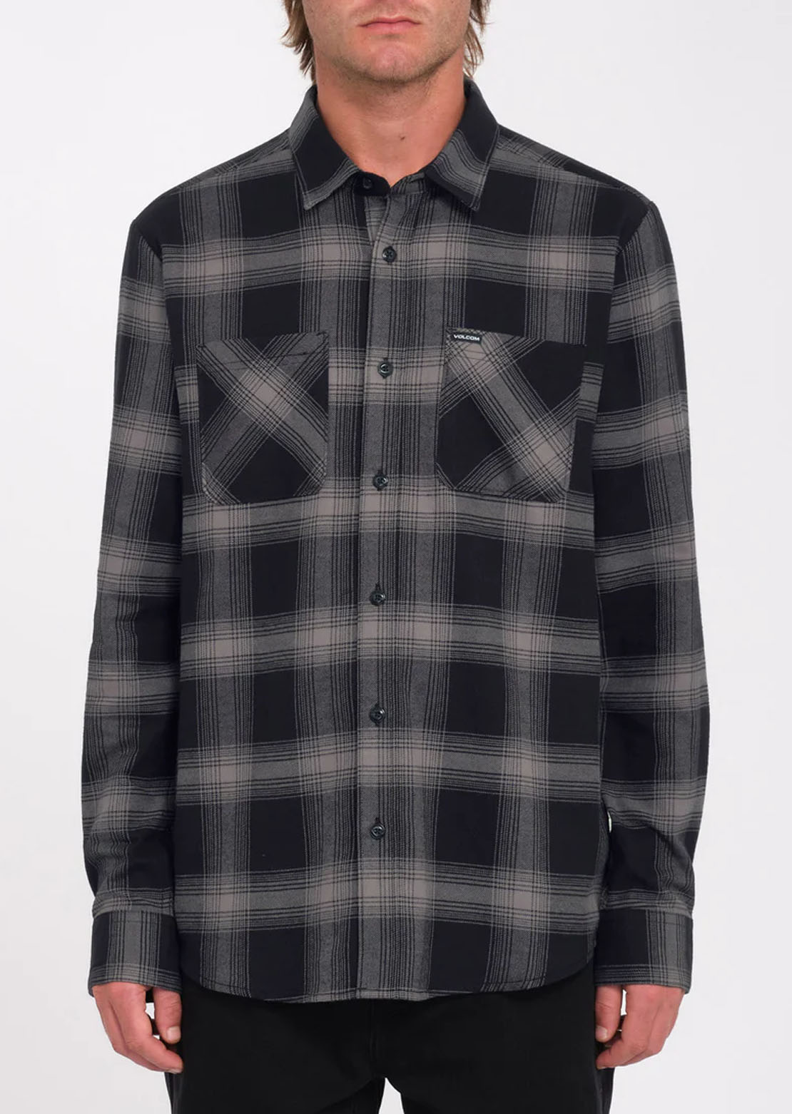 Volcom Men's Netastone Flannel Long Sleeve Button Up Shirt BAsphalt Black