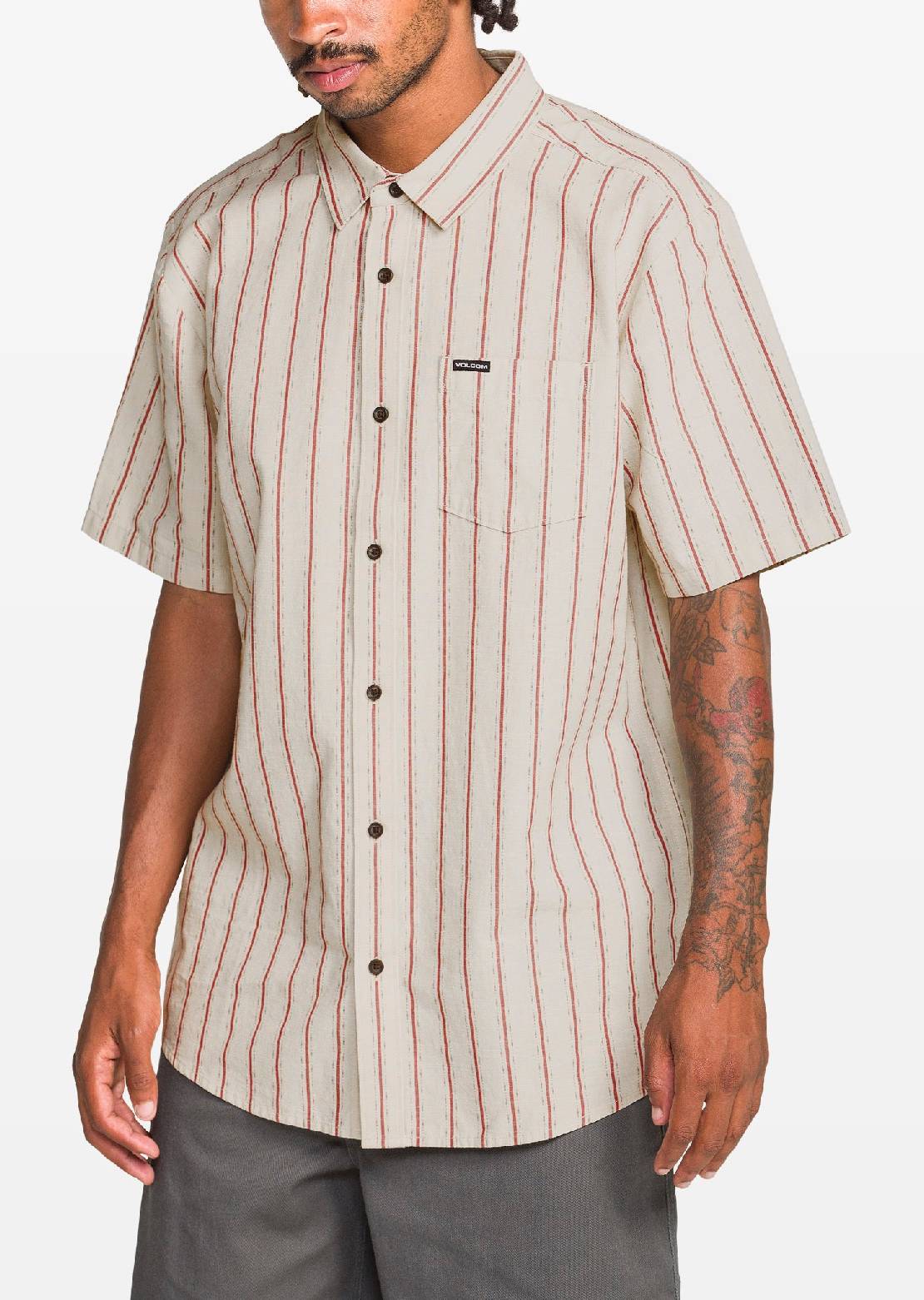 Volcom Men's Sato Stripe Button Up Shirt Stone