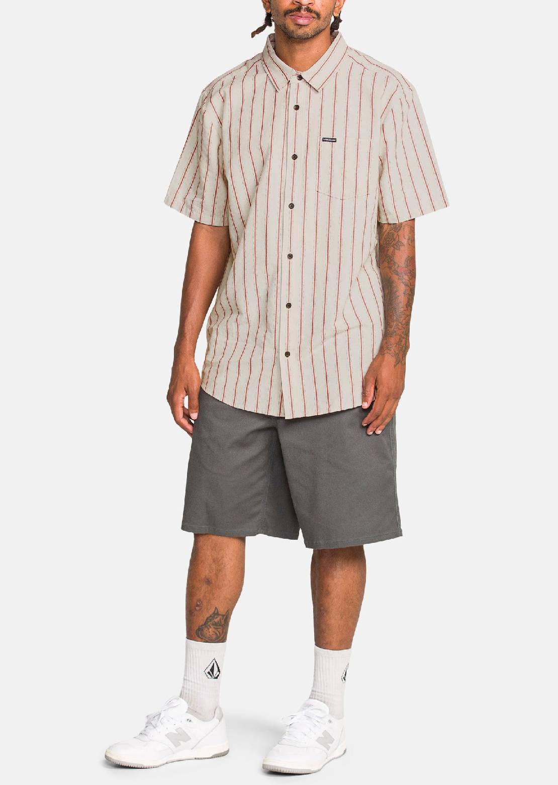 Volcom Men's Sato Stripe Button Up Shirt Stone