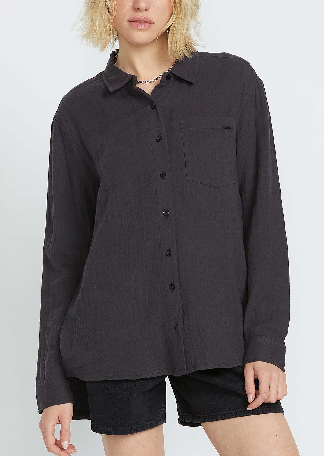 Volcom Women's Lived In Button Up Shirt Star Vintage Black