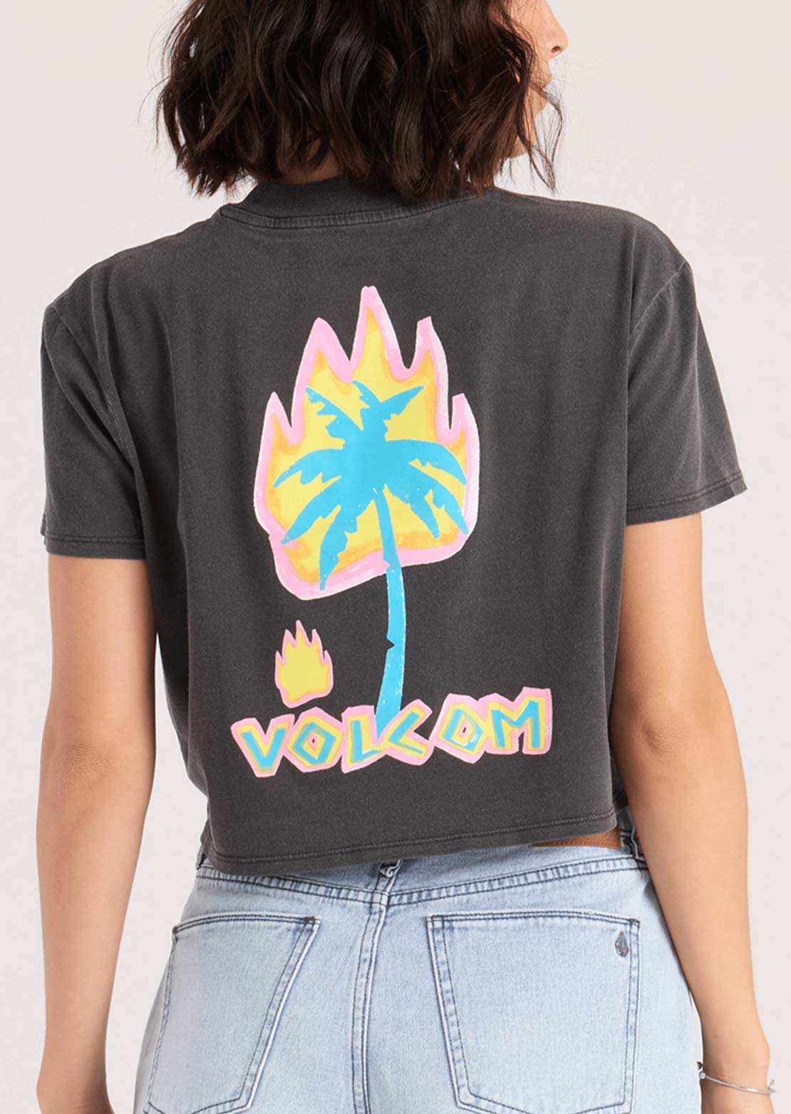 Volcom Women's Pocket Dial T-Shirt Charcoal Blue Vintage Black