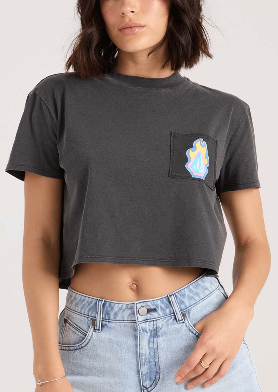 Volcom Women's Pocket Dial T-Shirt Charcoal Blue Vintage Black