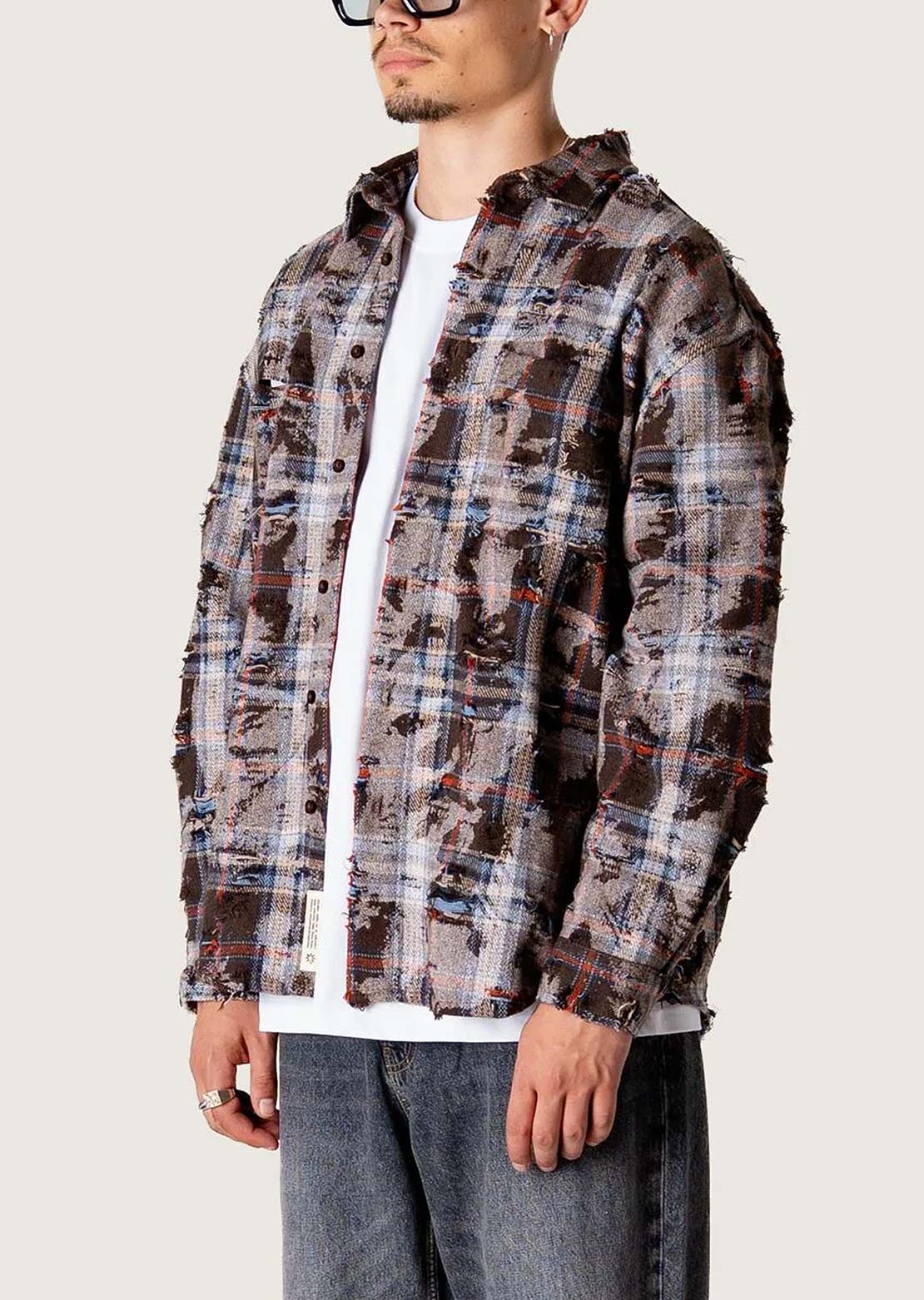 Woodbird Men's Jong Ripped Button Up Shirt Brown Check