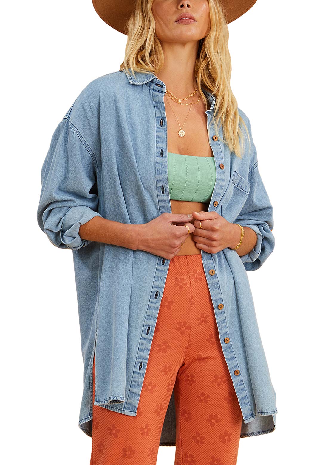 Billabong X Salty Women&#39;s In The Tide Button Down Shirt Salty Blue