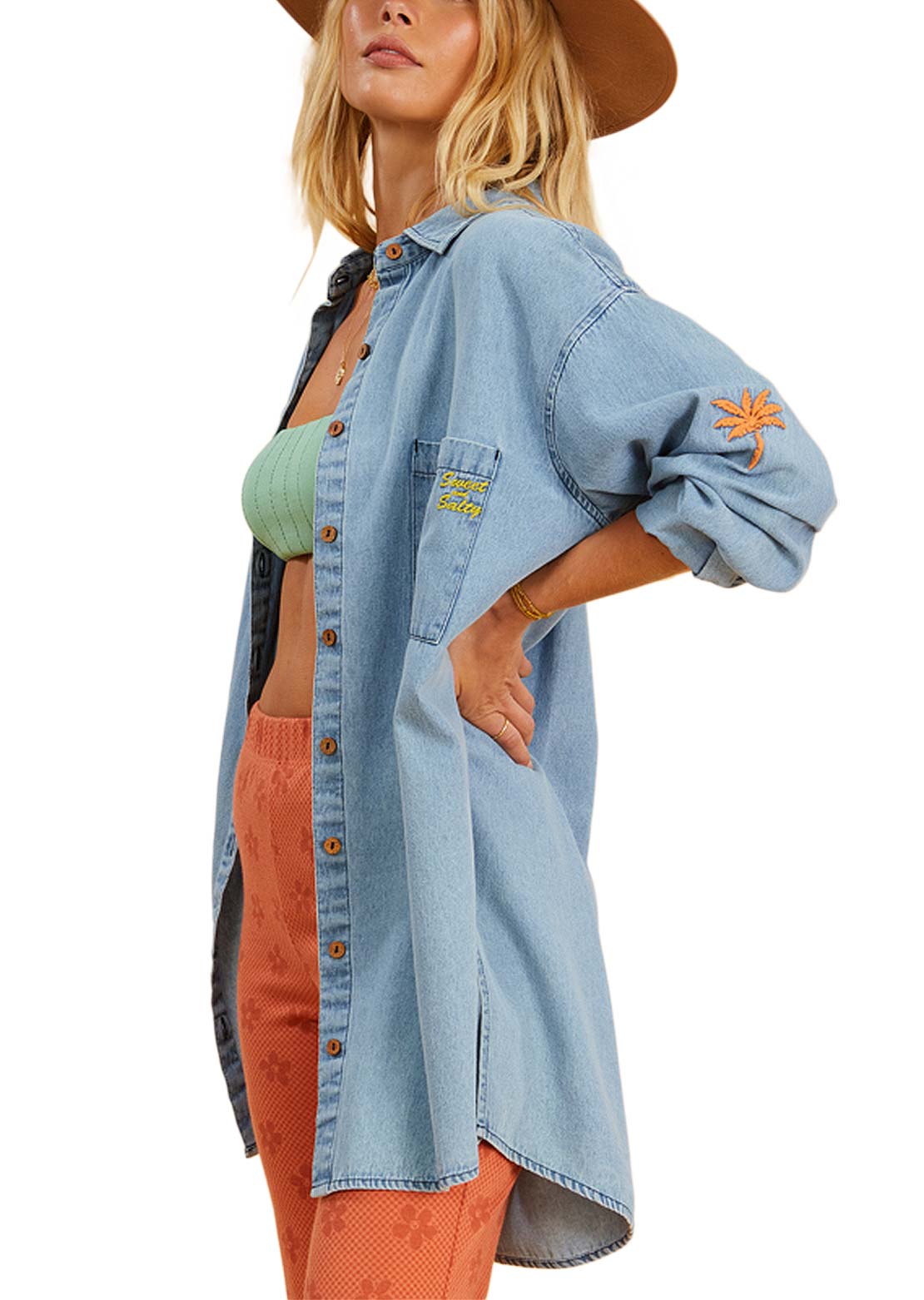Billabong X Salty Women&#39;s In The Tide Button Down Shirt Salty Blue