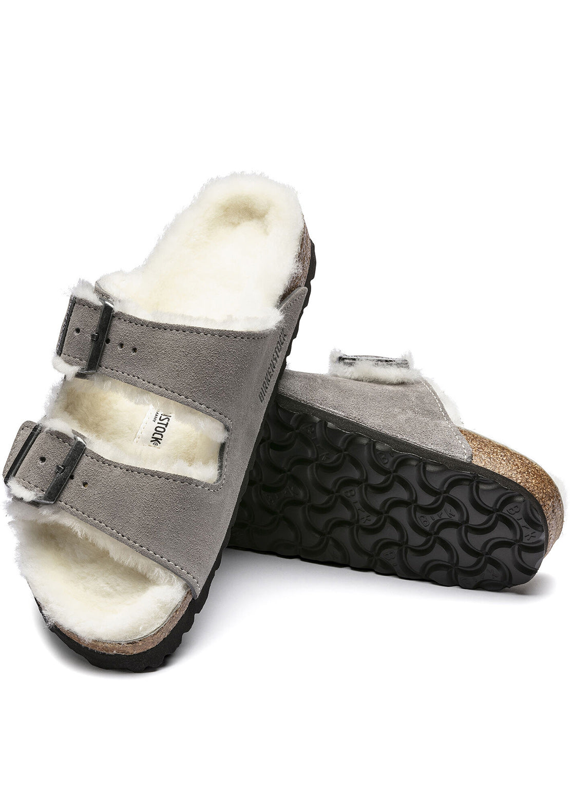 Birkenstock Women&#39;s Arizona Shearling Suede Narrow Sandals Stone Coin/Natural