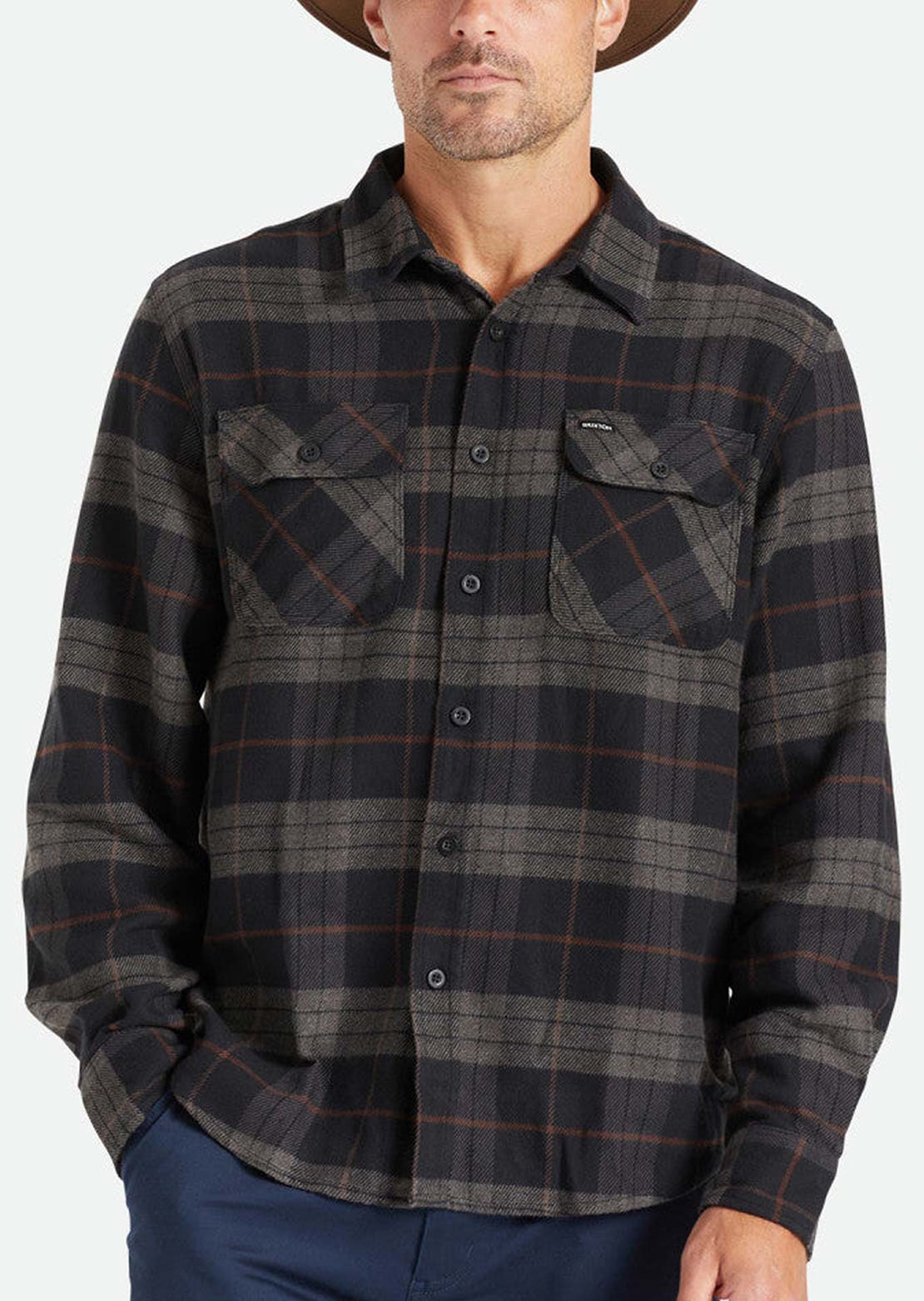 Brixton Men&#39;s Bowery Long Sleeve Flannel Button Up Shirt Black/Charcoal