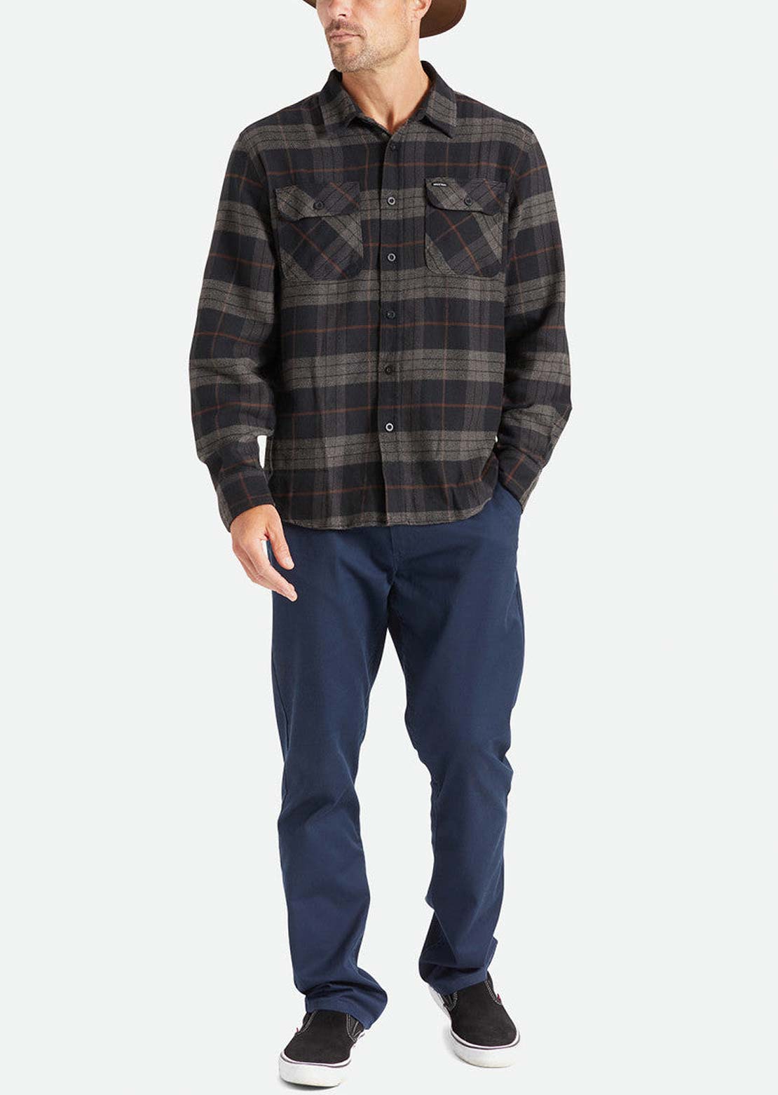 Brixton Men&#39;s Bowery Long Sleeve Flannel Button Up Shirt Black/Charcoal