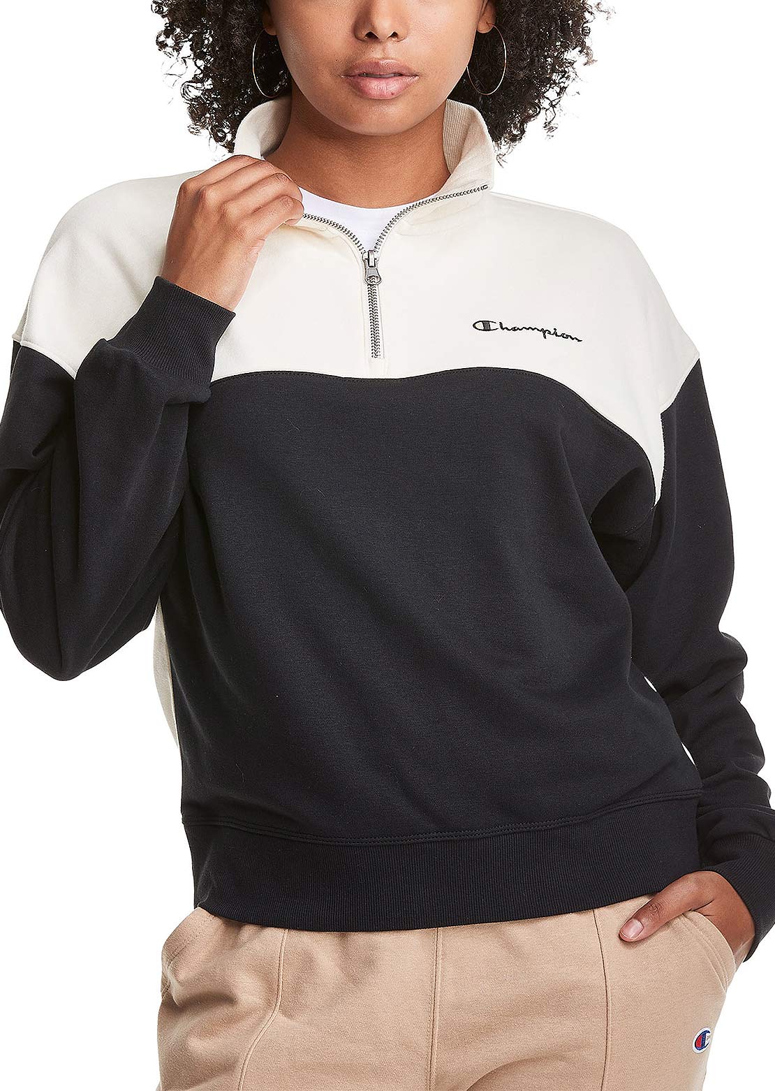 Champion Women&#39;s Campus French Terry 1/2 Zip Mock Natural/Black