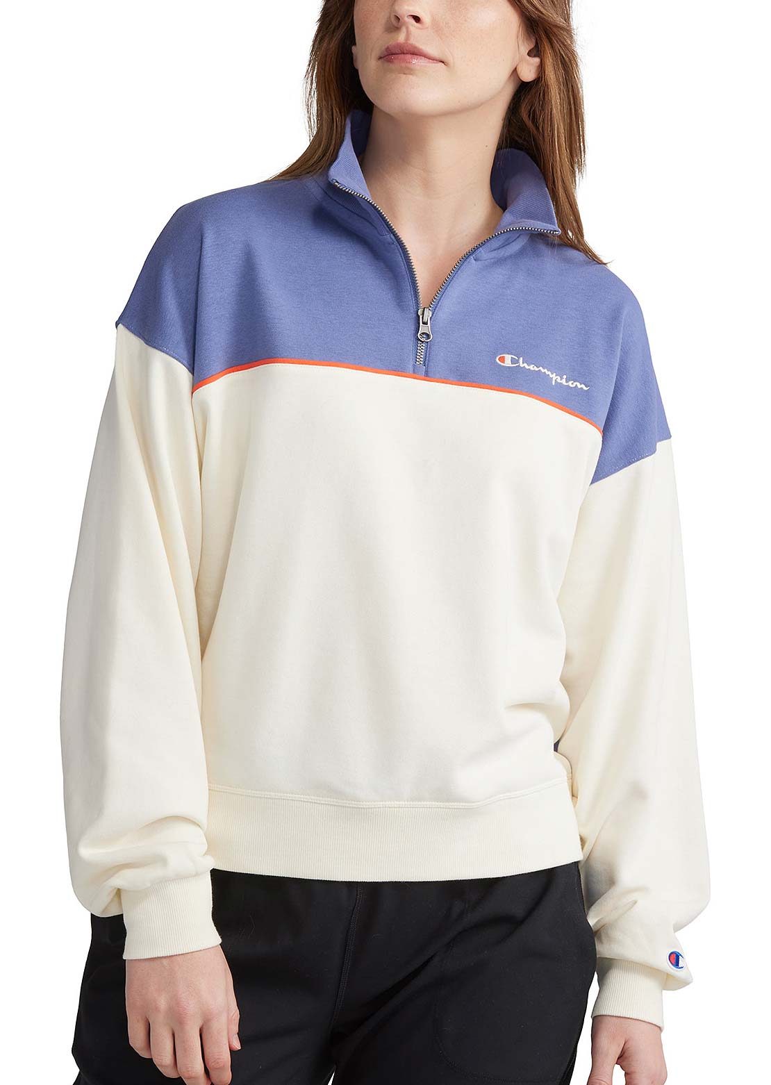 Champion Women&#39;s Campus French Terry 1/2 Zip Mock Seven Seas Blue/Natural NT
