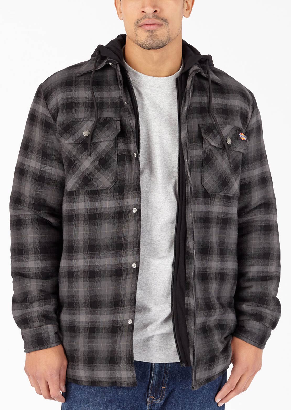 Dickies Men&#39;s Hooded DWR Flannel Shirt Jacket Black Charcoal Ombre Plaid