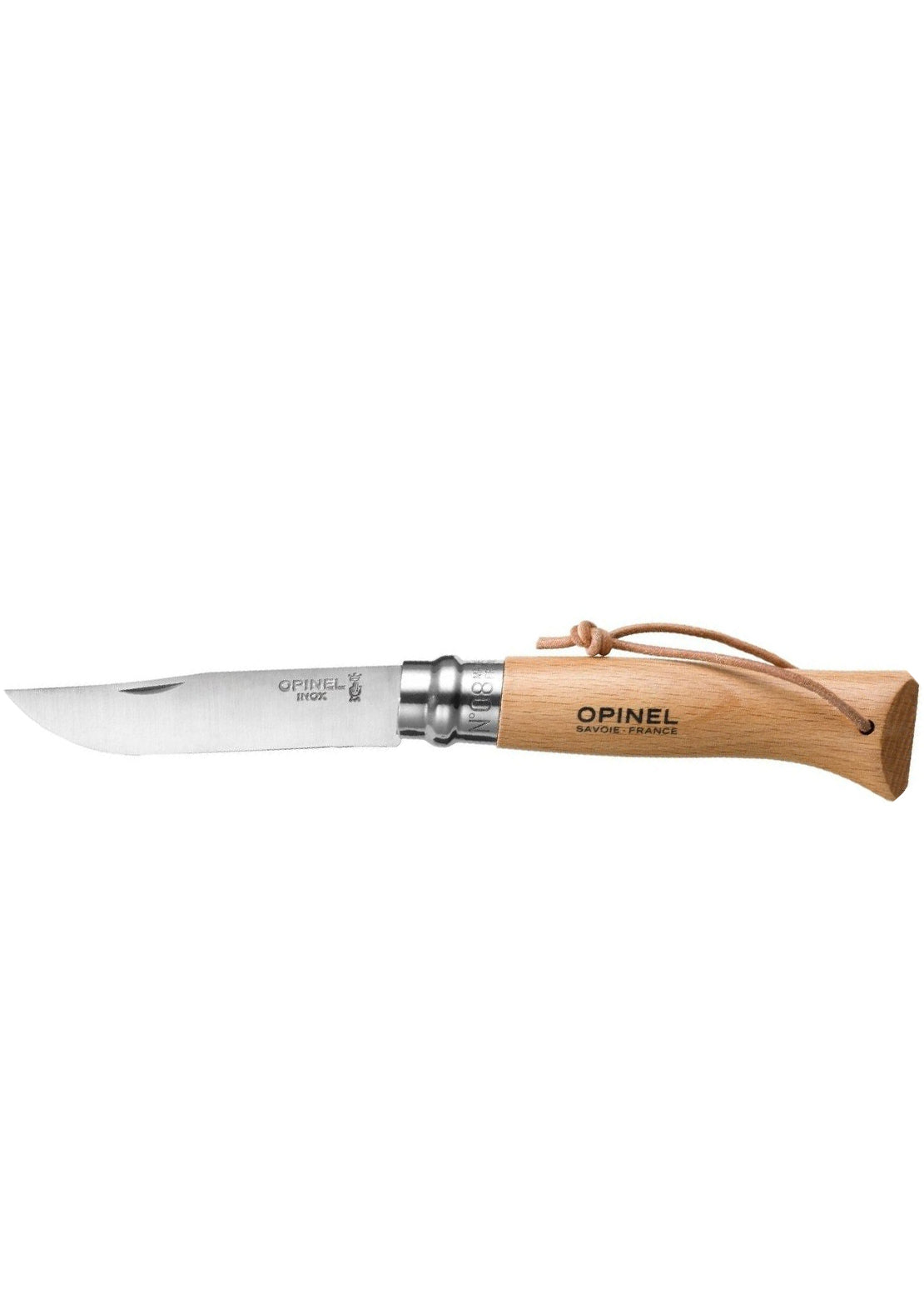 Opinel Tradition N°08 Classic Stainless Steel Knife With Leather Lace Beech Wood