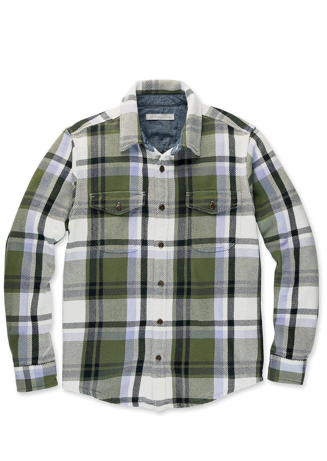 Outerknown Men&#39;s Blanket Button Up Shirt Faded Olive Essex Plaid