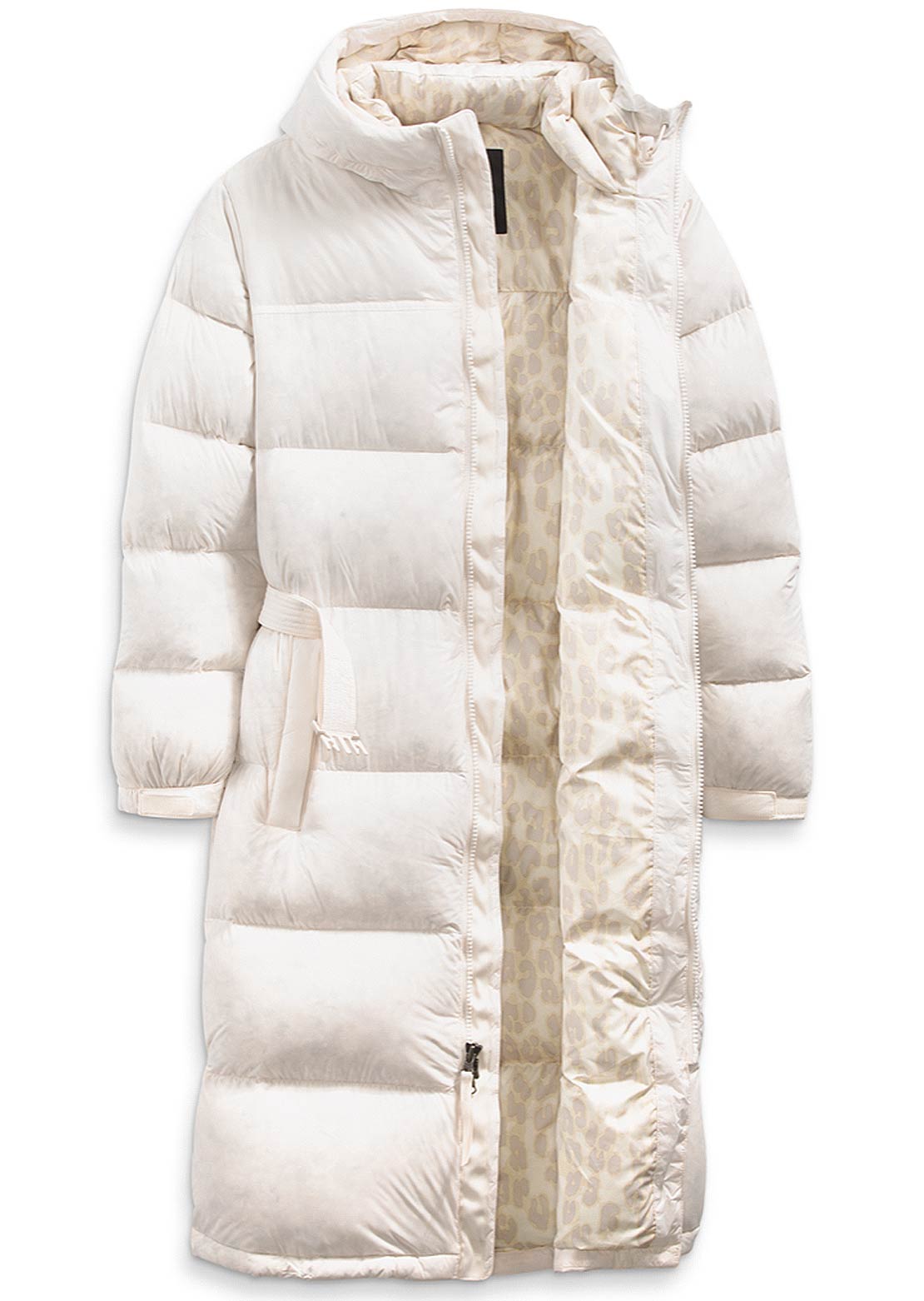 The North Face Women&#39;s Nuptse Belted Long Parka Gardenia White/Silver Grey Leopard Print